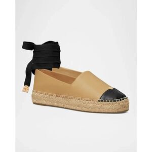 New Tory Burch Bicolor Leather Ankle-Wrap Espadrilles Shoes Size 10.5